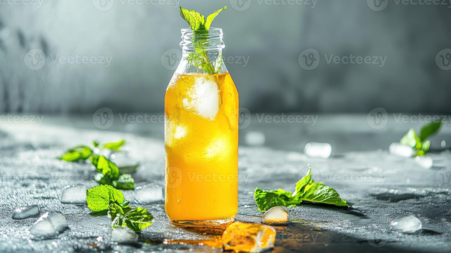 Refreshing turmeric lemonade with ice and mint leaves in a vibrant setting for a healthy drink option photo