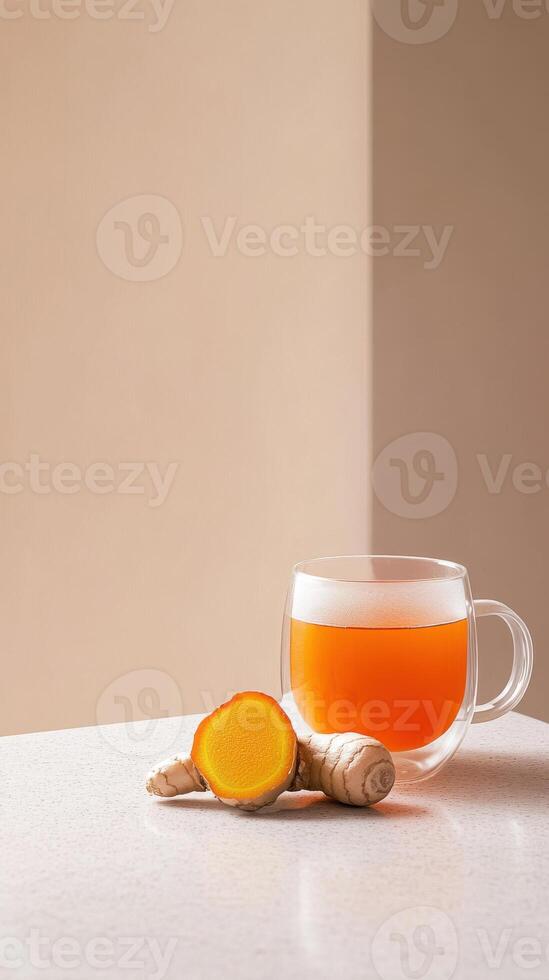 Delightful turmeric and ginger tea served in a transparent cup on a light surface photo