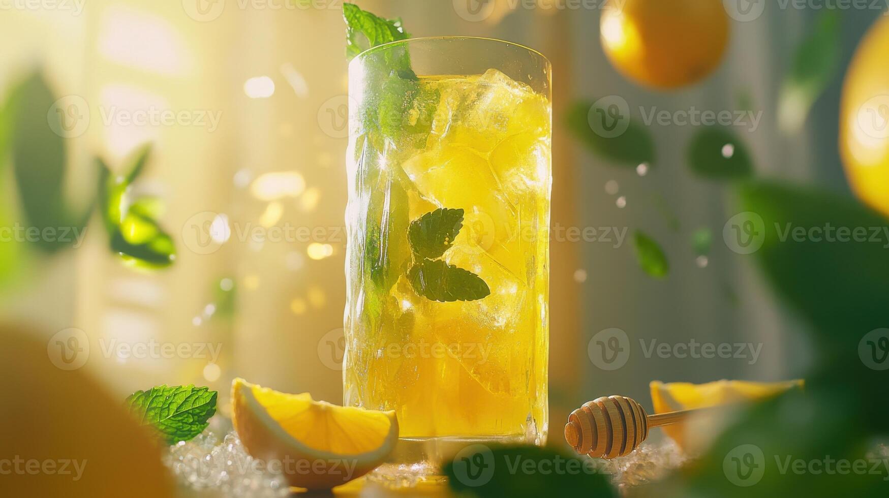 Refreshing turmeric and mint-infused lemonade served in a glass with ice and garnished with fresh mint leaves photo