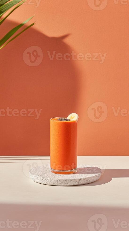 Vibrant turmeric smoothie served in a stylish glass on a minimalist setting with an orange backdrop photo