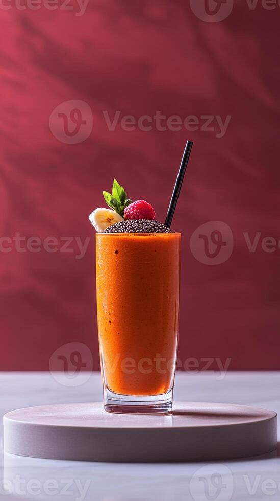 Thick and creamy turmeric smoothie garnished with fresh berries and mint on a stylish countertop photo