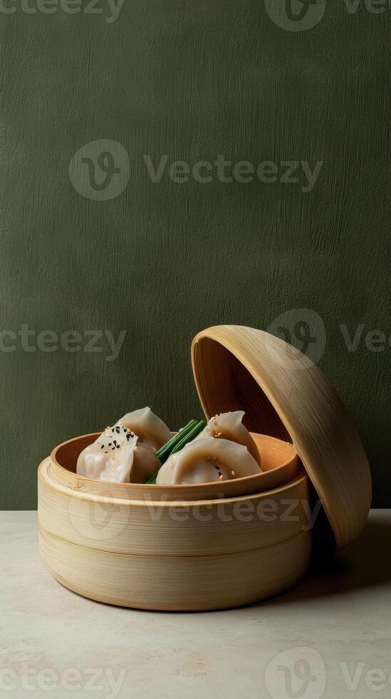Freshly made dim sum in a bamboo basket showcased against a textured green background photo
