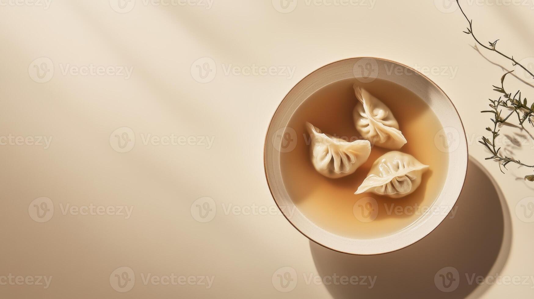 Delicious dumplings in chicken broth garnished with herbs on a neutral background for a cozy meal experience photo