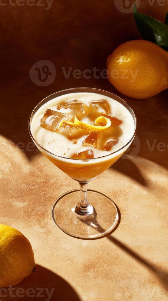 Lemon drop martini served elegantly with fresh lemons on a warm, textured surface in a casual setting photo