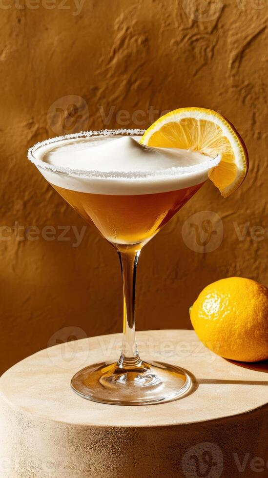 Refreshing limoncello lemon drop martini served on a wooden table with a lemon garnish photo