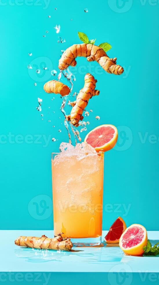 Freshly grated turmeric floats in lemonade, creating a vibrant splash of flavor against a bright turquoise background photo