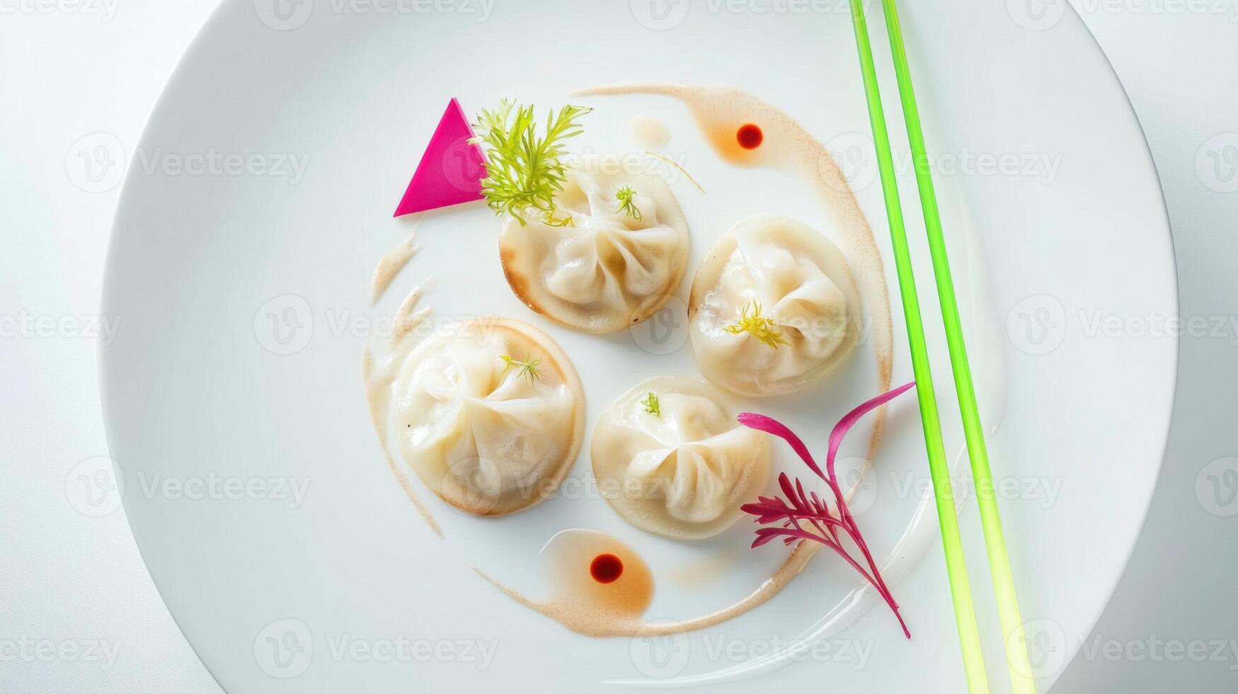 Dumplings served in creamy sauce with vibrant garnishes on an elegant plate photo