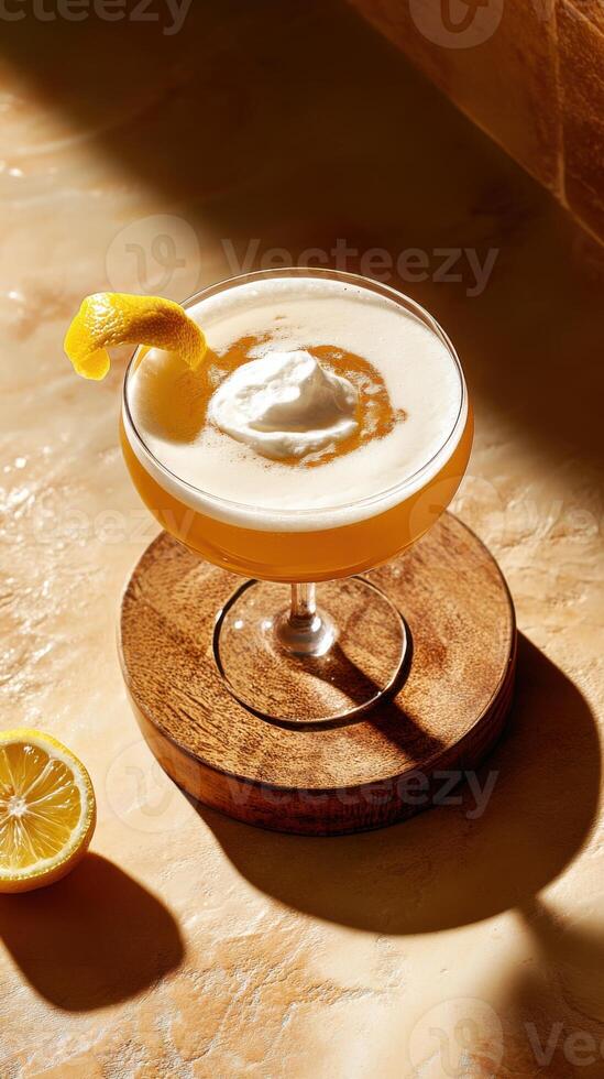 Limoncello cocktail served in a elegant glass on a wooden coaster, garnished with lemon twist and cream photo
