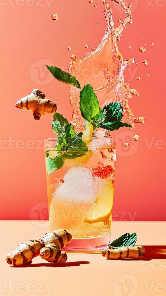Refreshing lemonade with fresh mint and ginger on a vibrant orange background photo