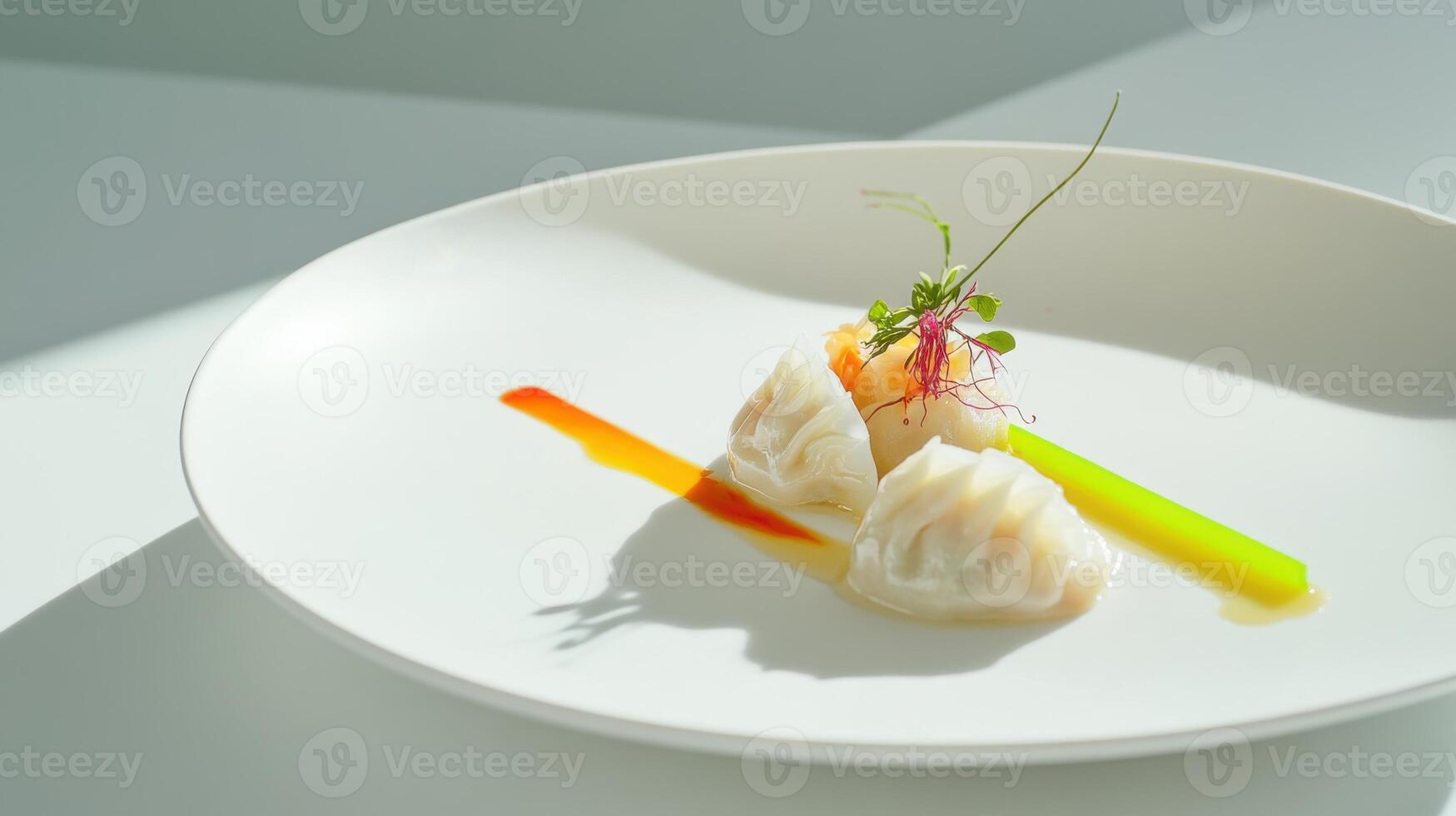 Creamy dumplings served on a white plate with vibrant sauce and garnishes showcasing fine dining presentation photo