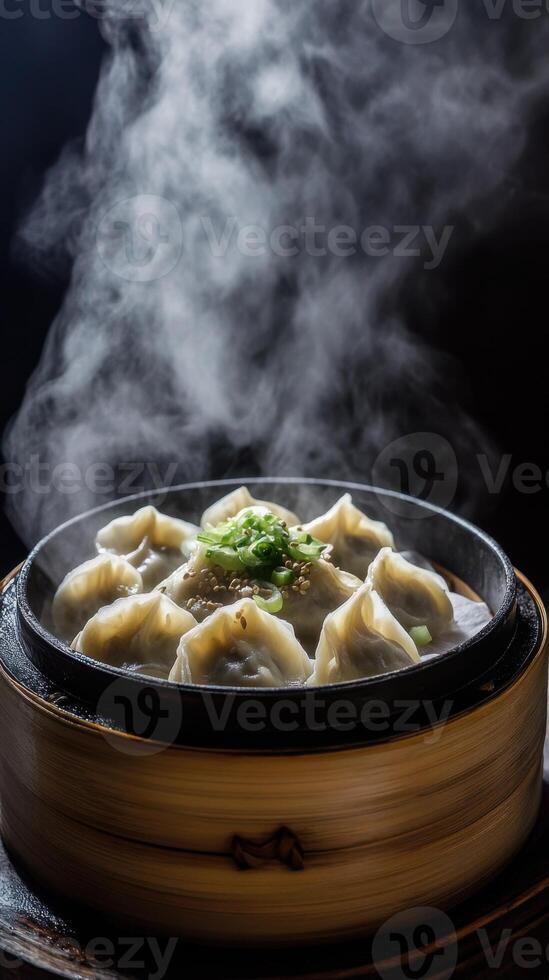 Bamboo basket filled with steaming dumplings in a traditional setting ready for serving at a local eatery photo