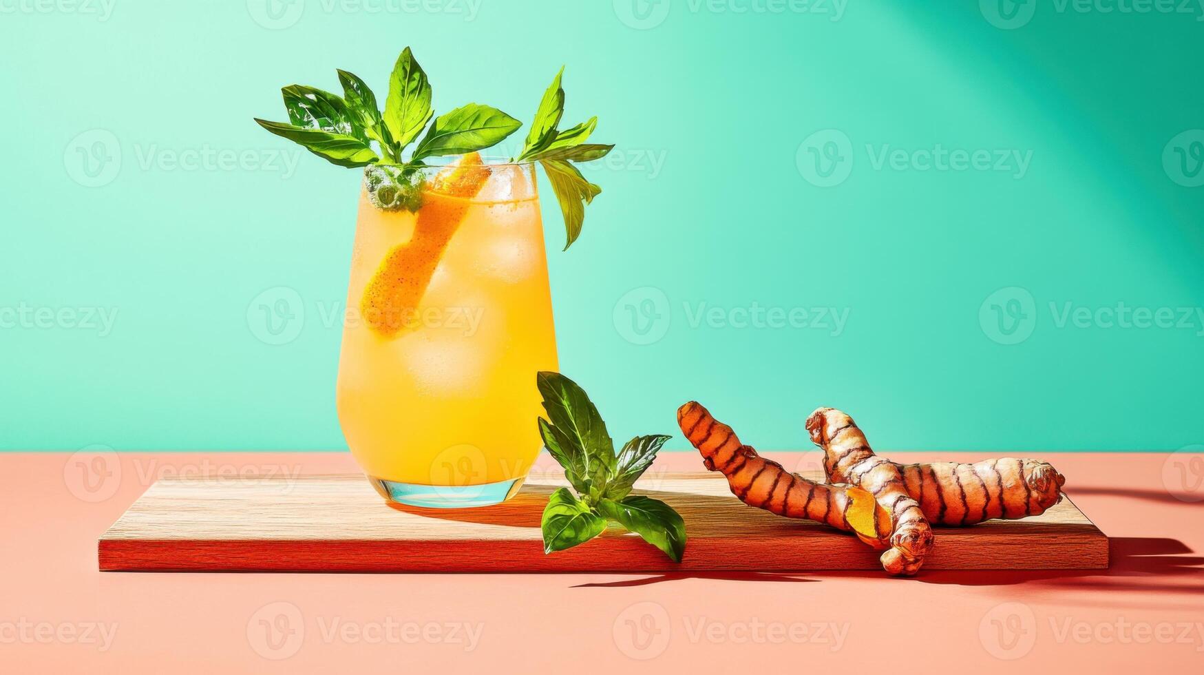 Refreshing lemonade infused with freshly grated turmeric and mint on a vibrant backdrop photo