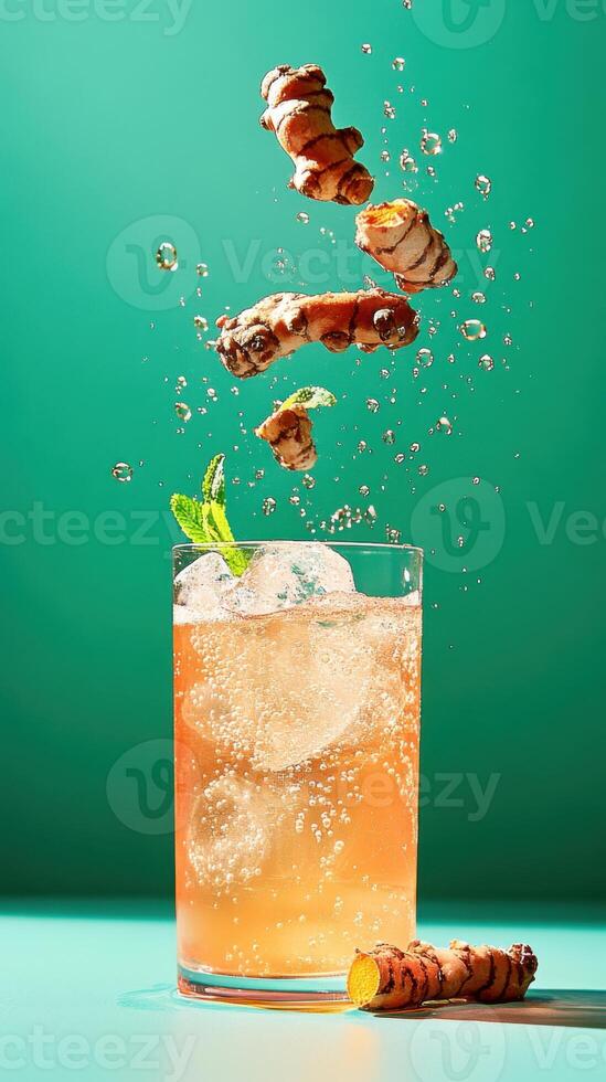 Freshly grated turmeric lemonade with mint and bubbles creates a refreshing summer drink experience photo
