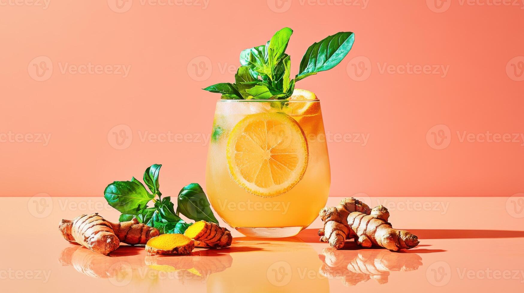 Lemonade infused with freshly grated turmeric and garnished with mint leaves on a vibrant backdrop photo