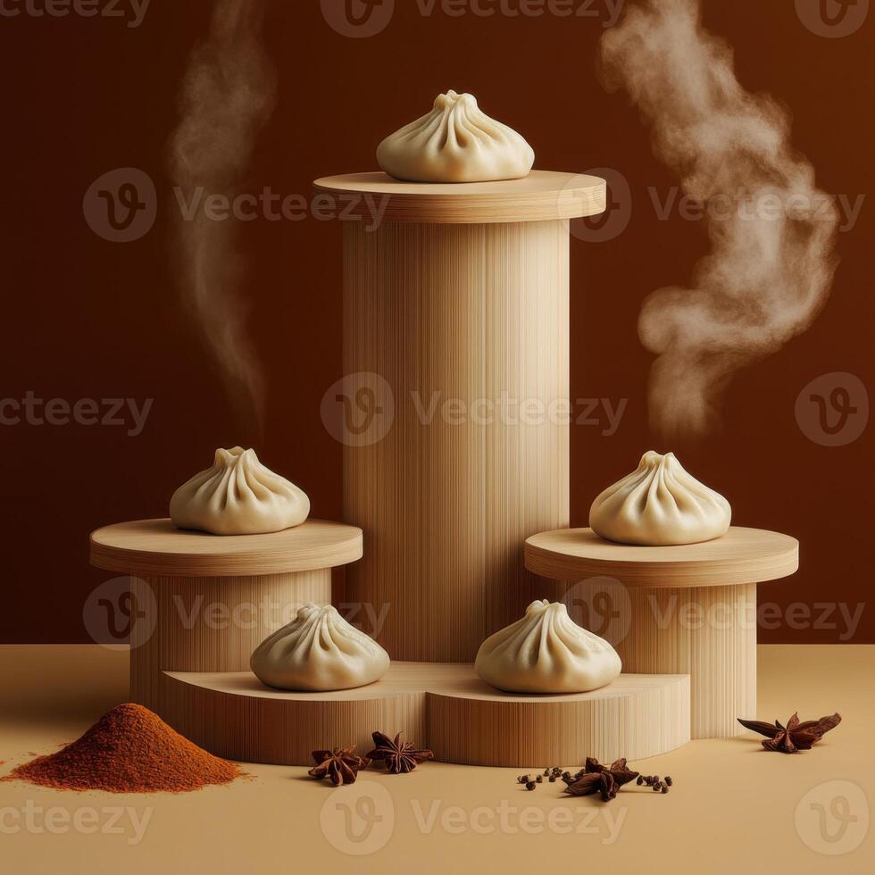 Momo dumplings delicately presented with aromatic spices on wooden pedestals in a warm setting photo