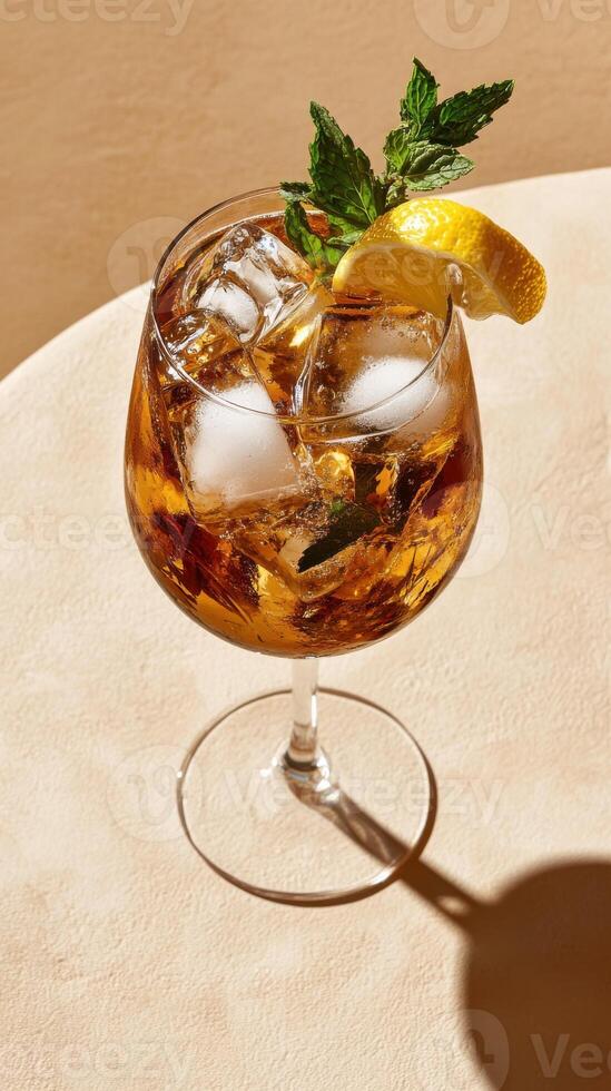 Curved tabletop showcases a refreshing spritz garnished with mint and lemon photo