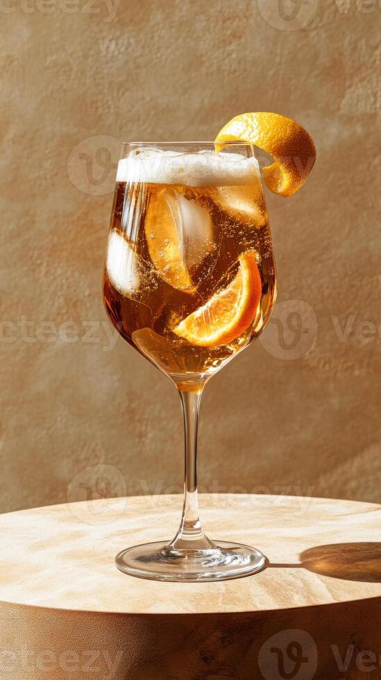 Limoncello spritz served in a stylish glass with citrus garnish and ice on a rustic table photo
