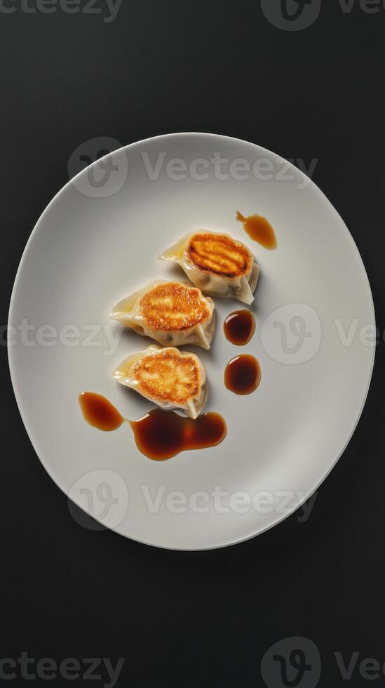Explore delicious dumplings served with flavorful soy sauce on a minimalist plate for an elegant dining experience photo