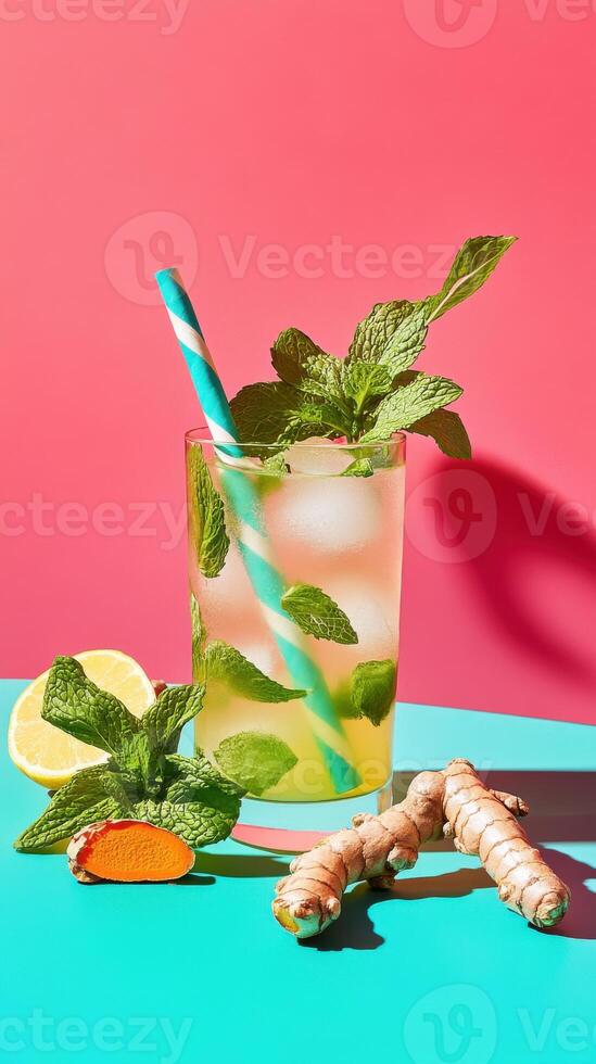 Refreshing lemonade with freshly grated turmeric and mint served in a glass on a vibrant background photo