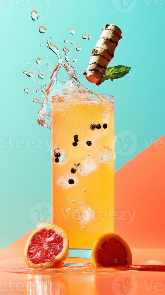 Refreshing lemonade infused with freshly grated citrus and vibrant bubbles on a colorful background photo