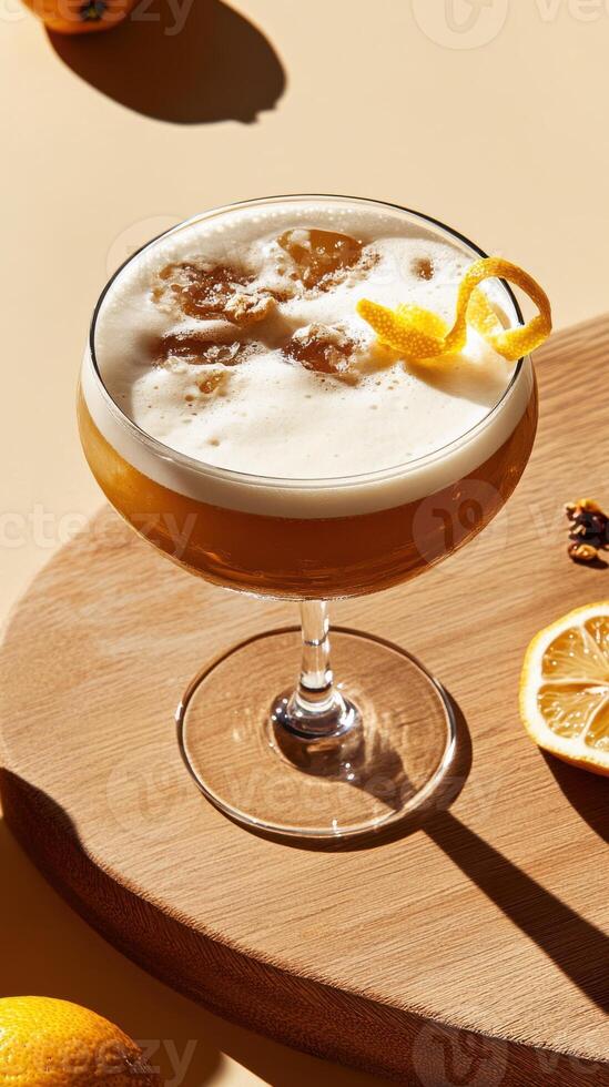 Refreshing cocktail elegantly served on a wooden board with citrus garnishes beside it at a stylish setting photo