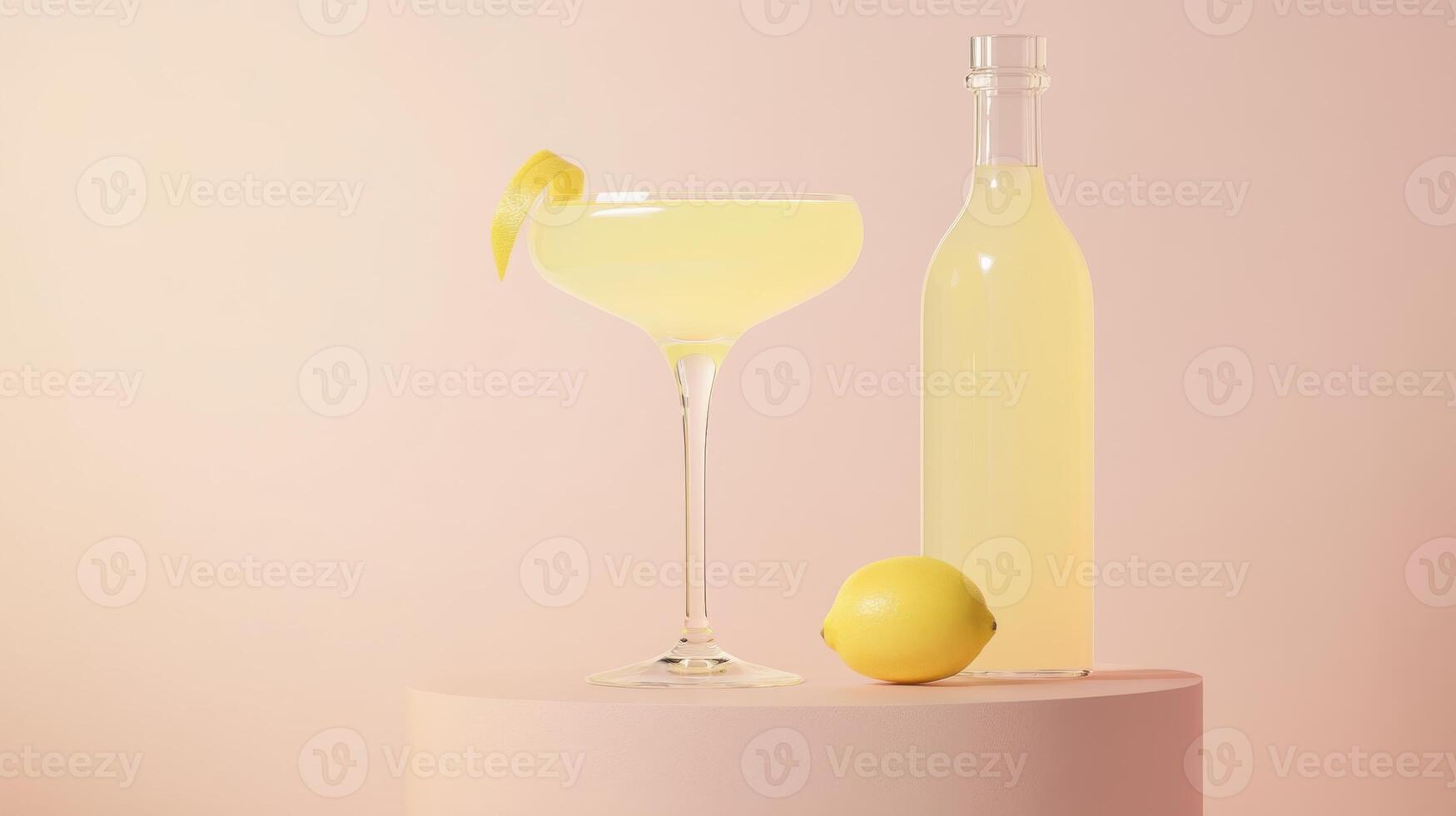 Refreshing cocktail served in an elegant curved glass alongside a bottle and a lemon on a pastel pink background photo