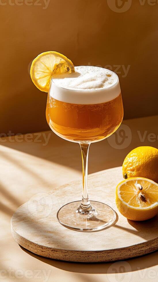 Elegant cocktail presentation featuring a refreshing drink with lemon garnish on a curved tabletop photo