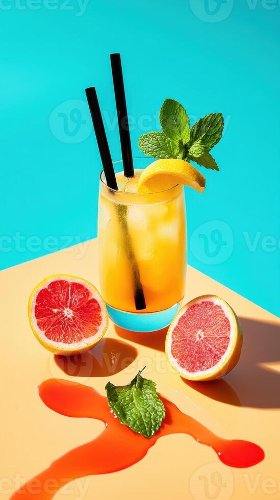 Refreshing citrus drink with vibrant colors set on a sunny table perfect for summer enjoyment photo