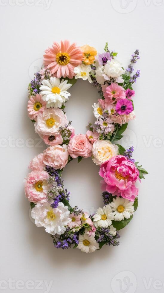 Number 8 made of flowers on white background photo