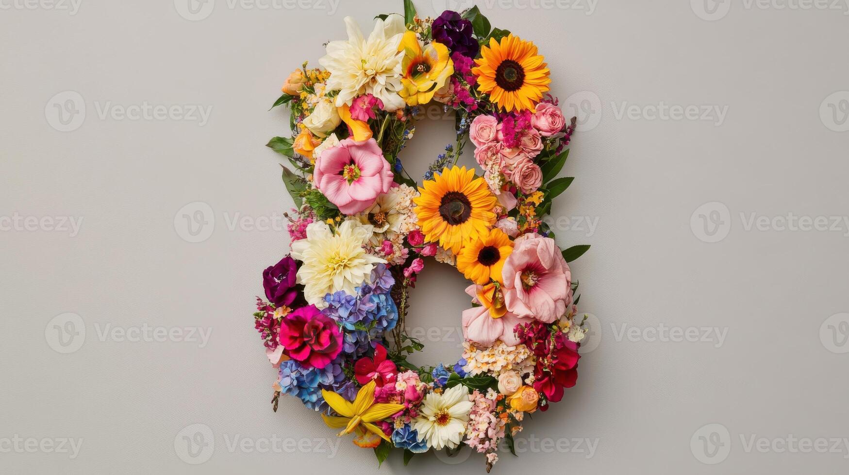 A number eight made of flowers on a gray background photo