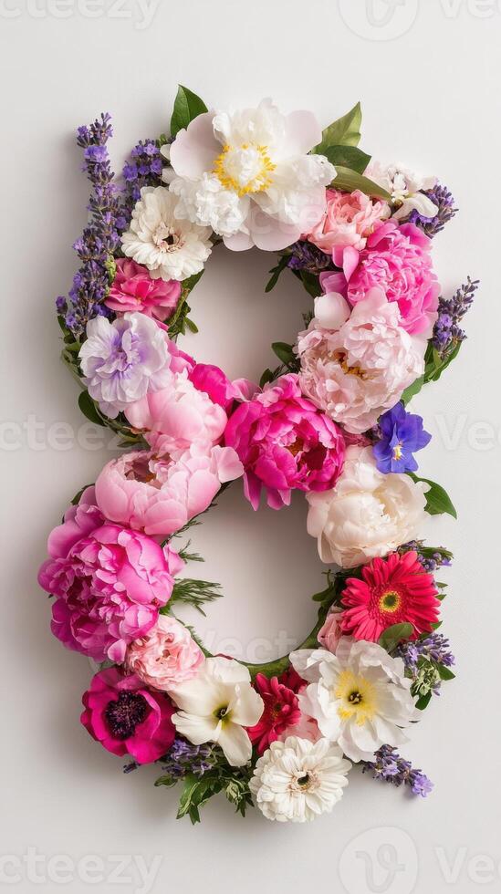 The number eight is made of flowers on a white background photo