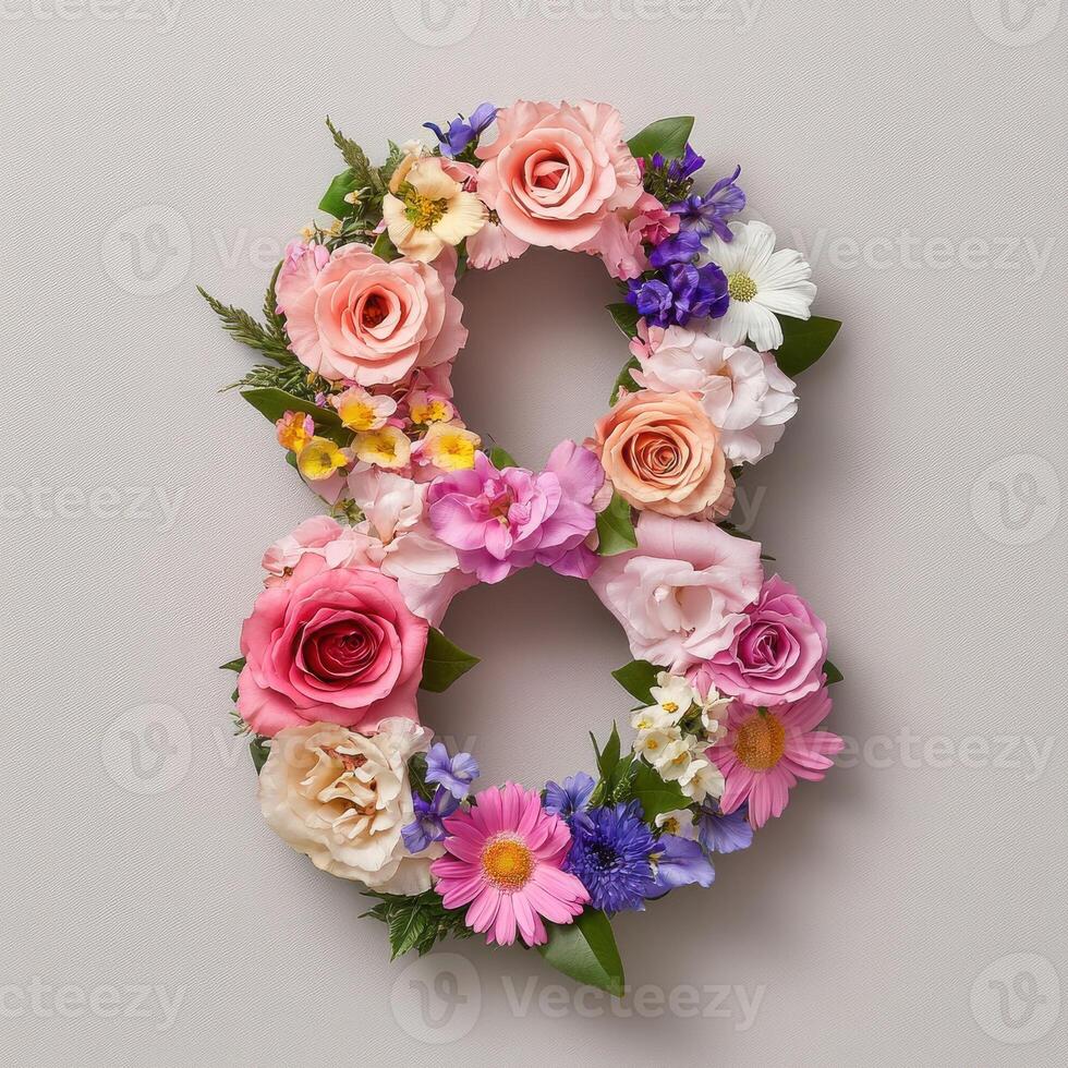 Number 8 made of flowers on gray background photo