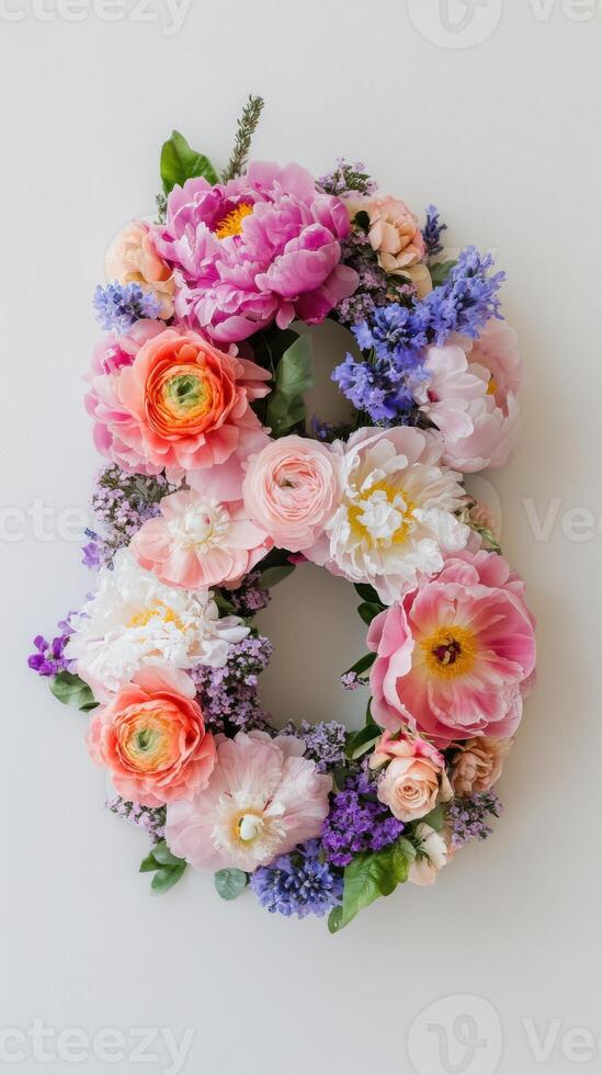 A floral arrangement of flowers is arranged in the shape of the letter b photo