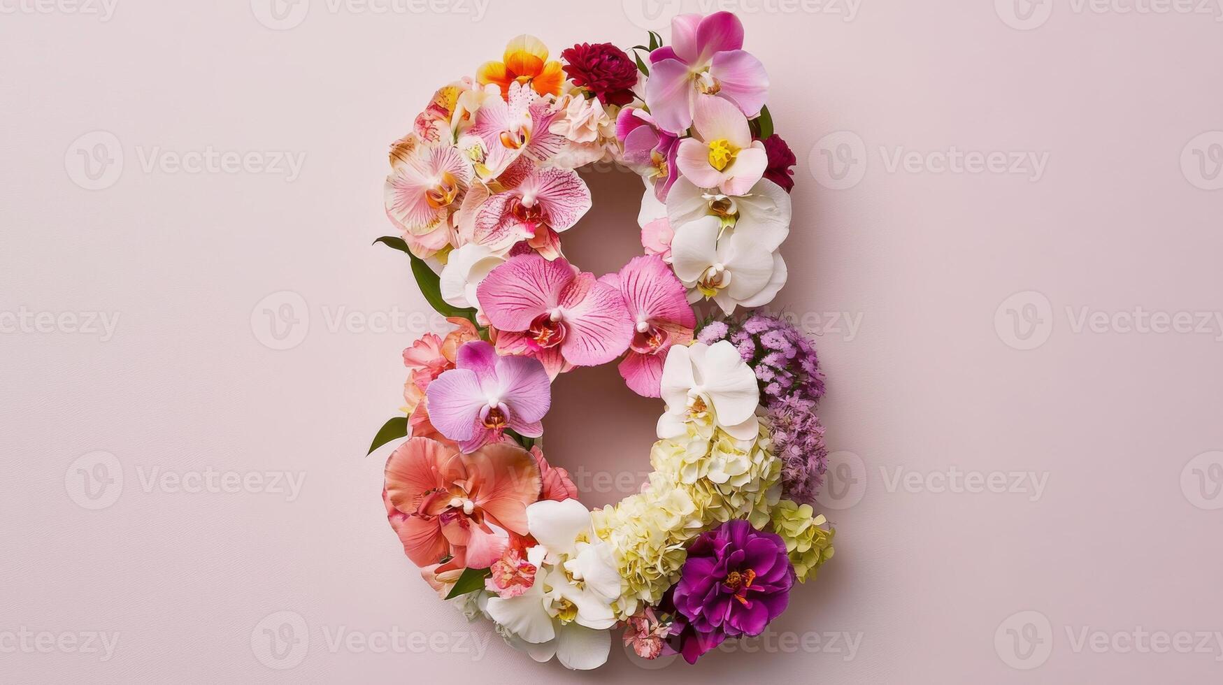 Number 8 made of flowers on pink background photo