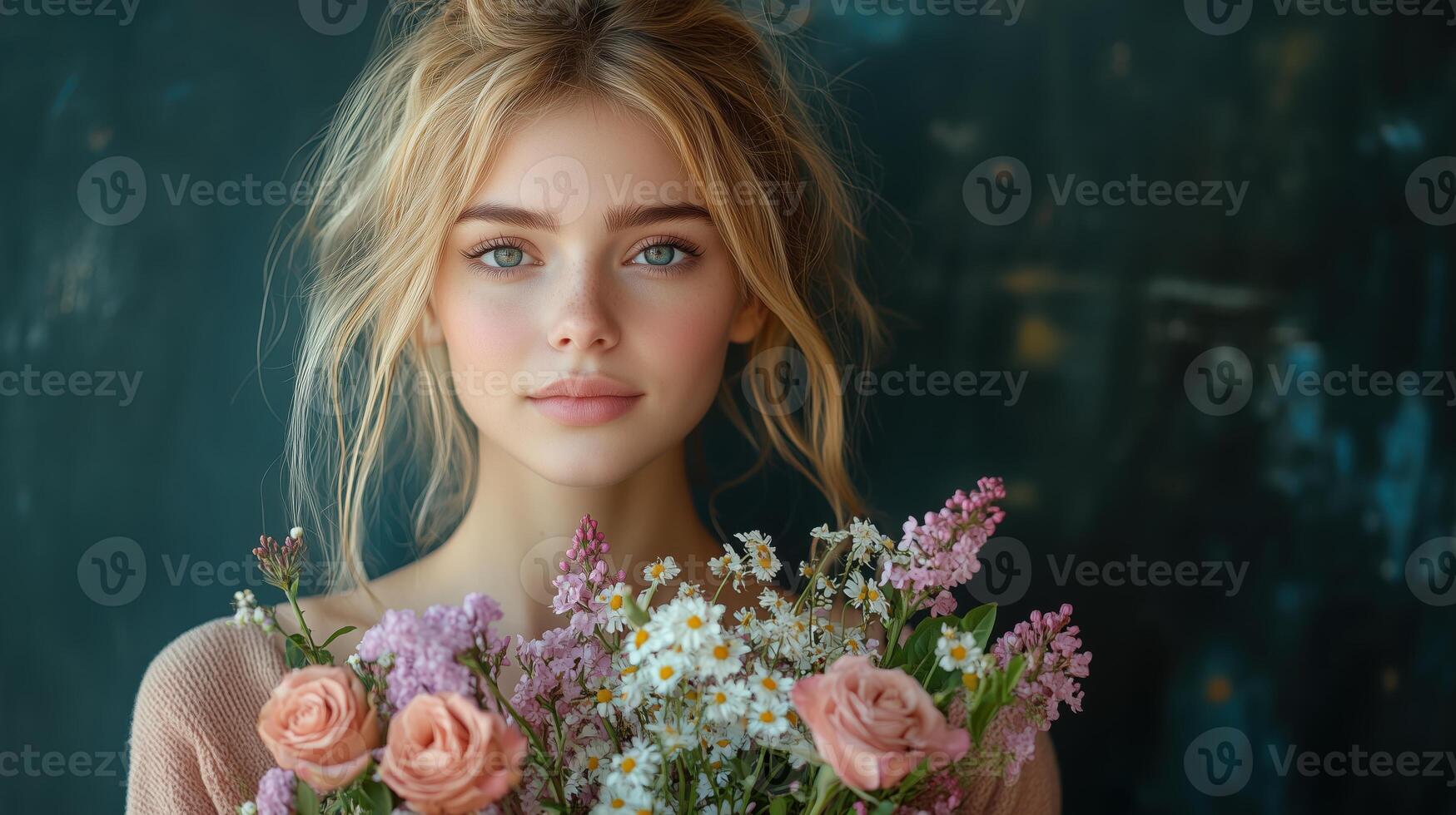 Young elegant woman holds a bouquet of diverse flowers against a textured backdrop photo