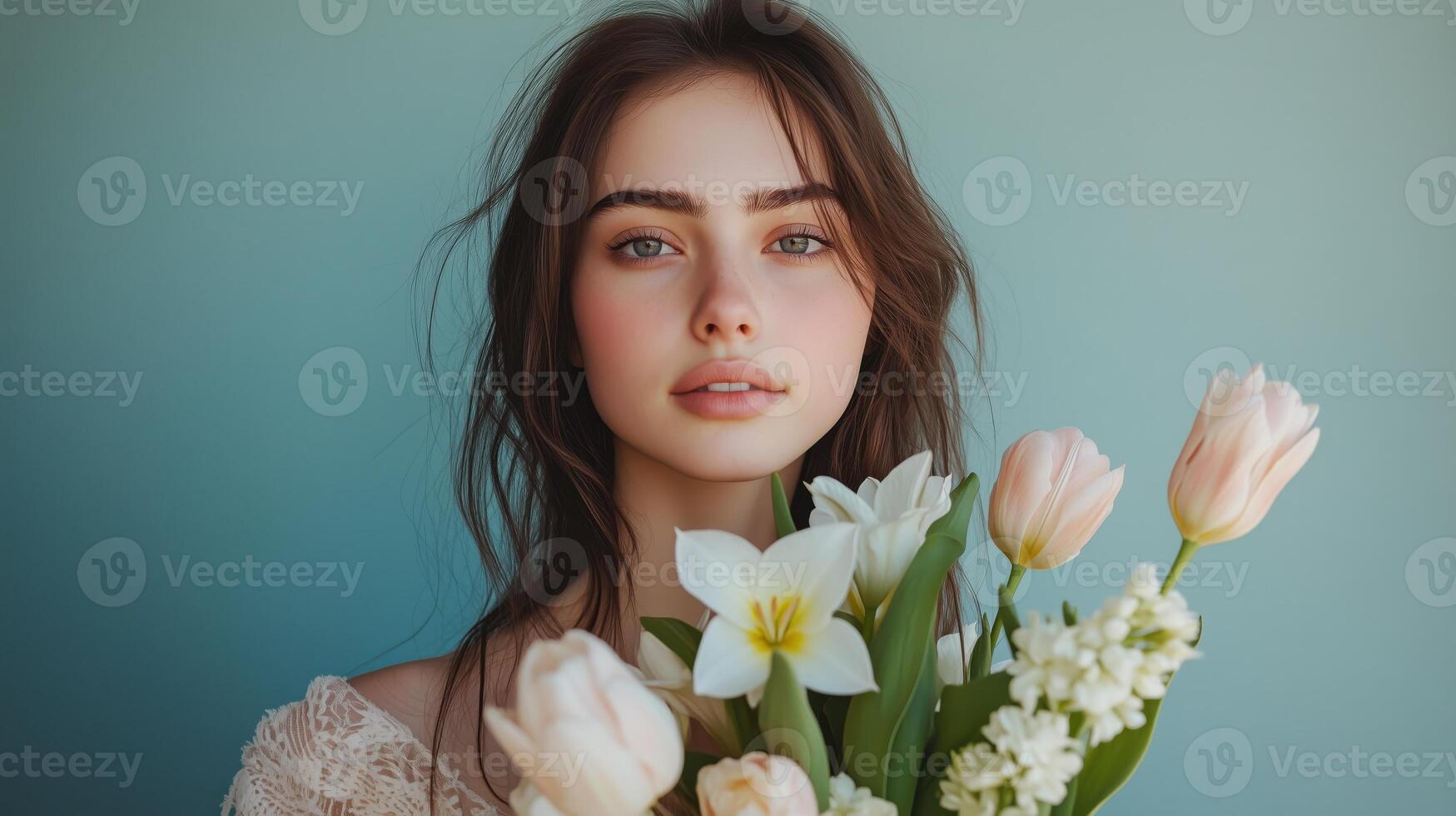 Young beautiful woman holding fresh flowers against a light blue background in a serene setting photo