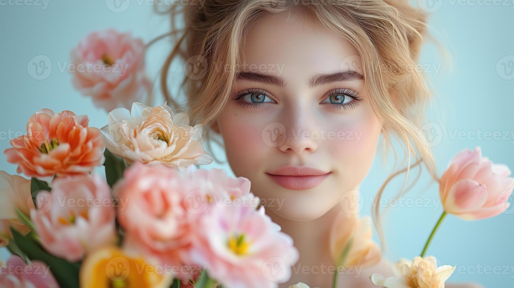 Young woman holding a bouquet of pink flowers with a serene expression in a softly lit setting photo