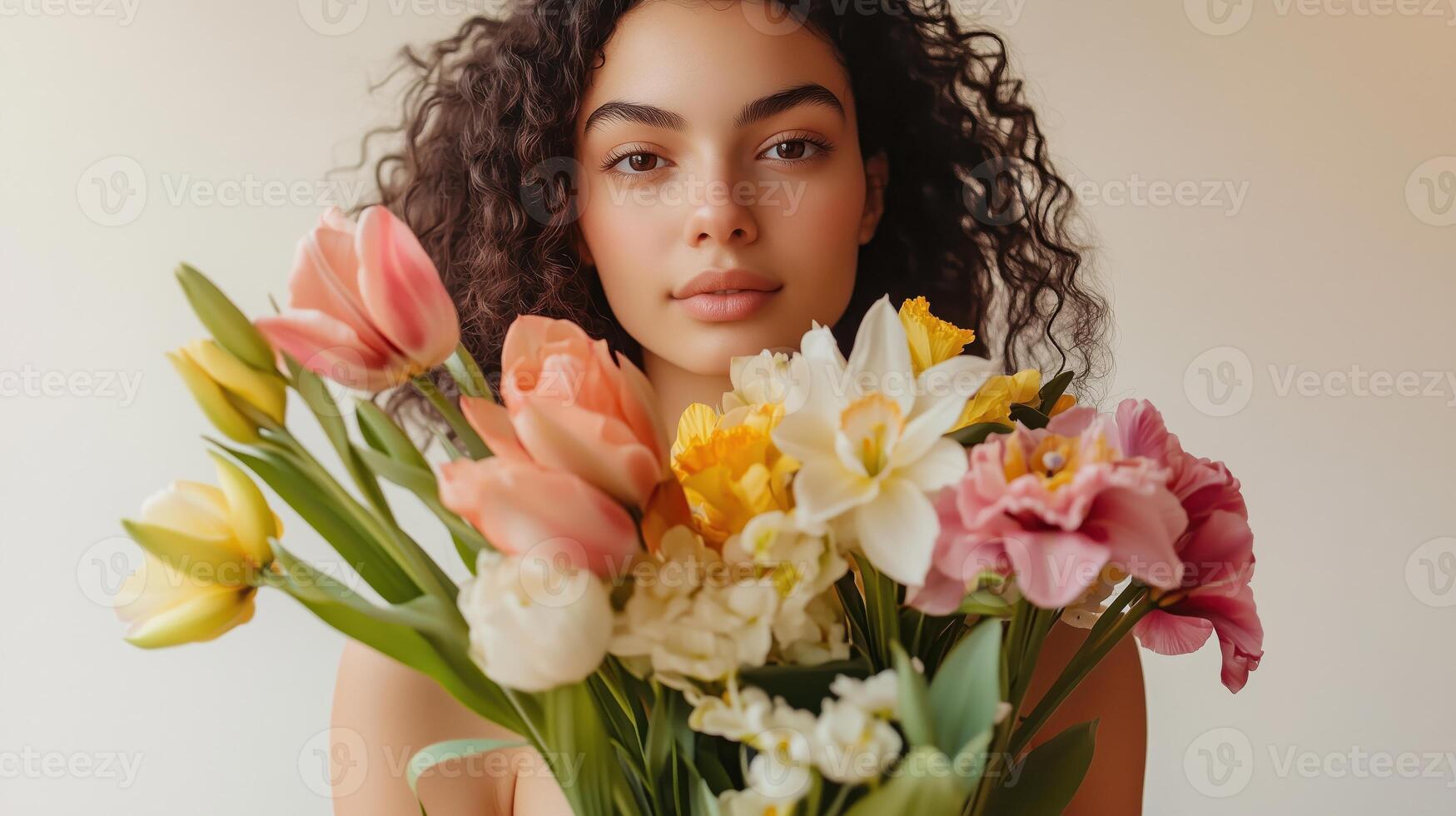 Young beautiful woman holds a vibrant bouquet of flowers in a softly lit setting photo