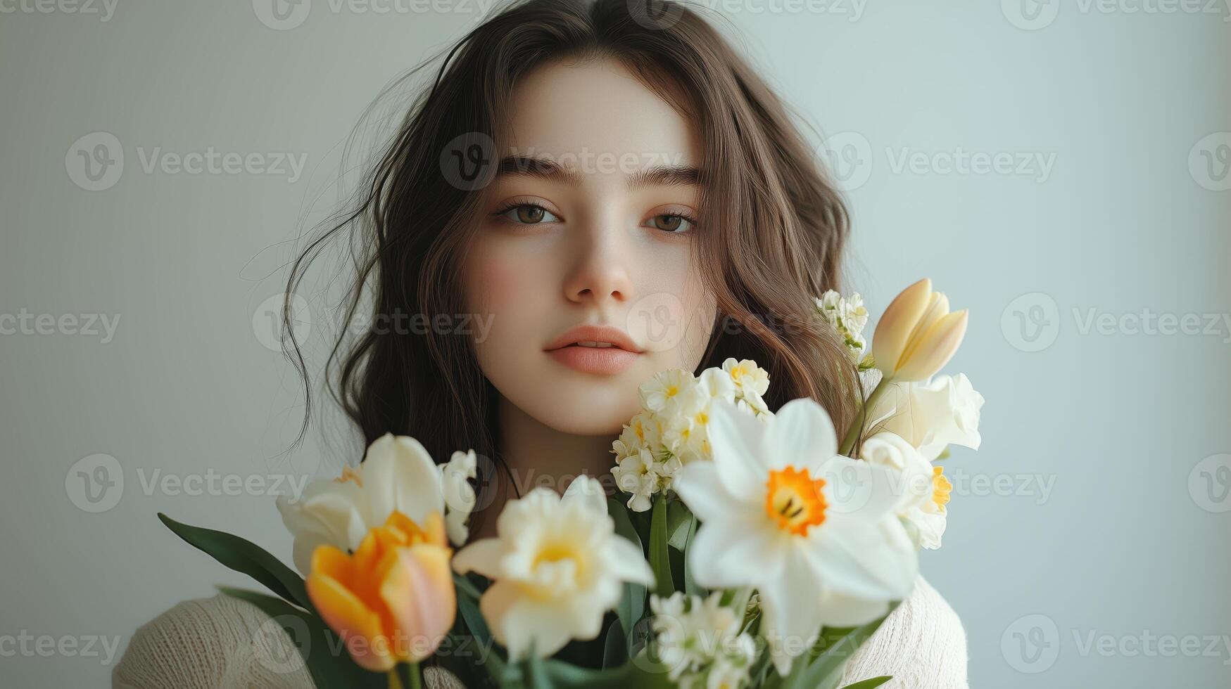 Young woman with flowers brings a touch of nature into a serene indoor setting in soft lighting photo