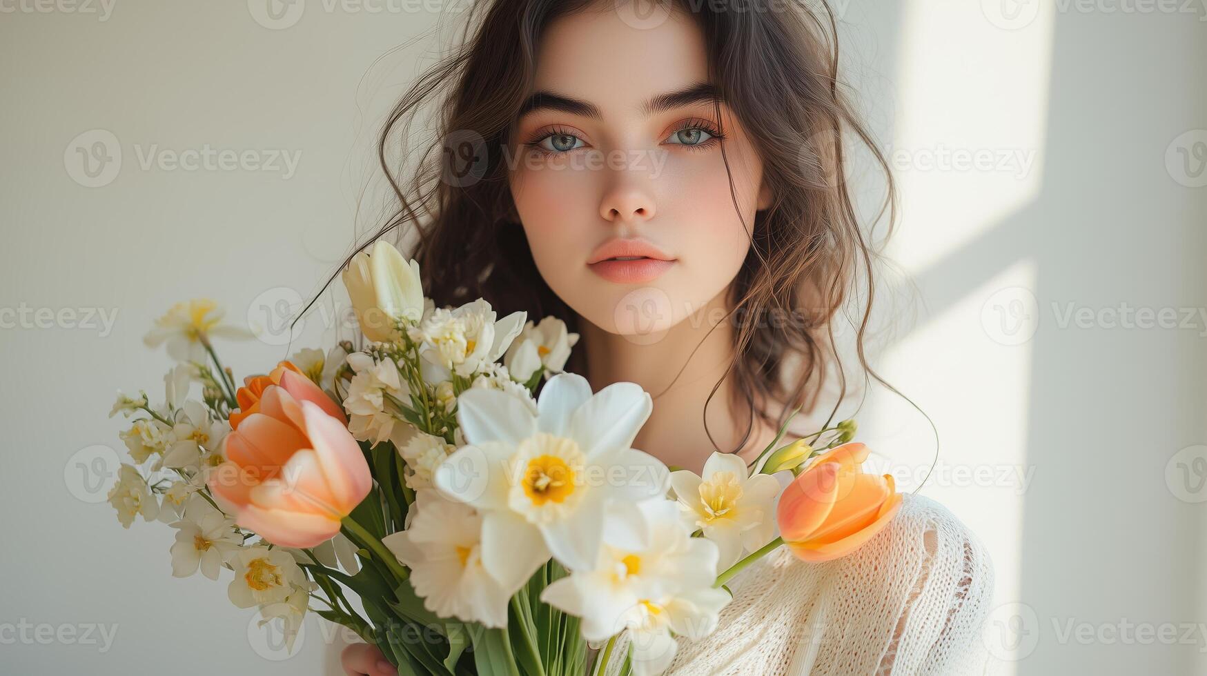 Young woman holding a bouquet of flowers with soft light streaming through a window, capturing a serene moment indoors photo