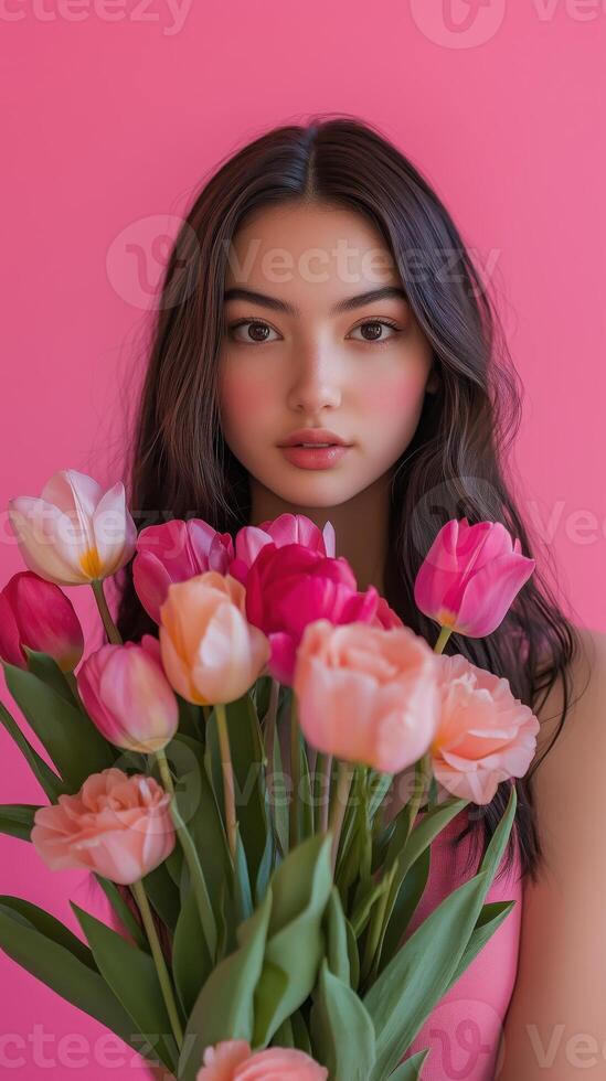 Young woman holding a vibrant bouquet of flowers against a pink background during a sunny afternoon photo