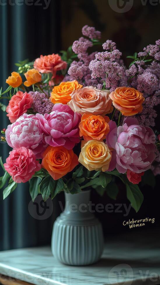 Bouquet of vibrant spring flowers in a decorative vase showcasing colorful roses and peonies photo