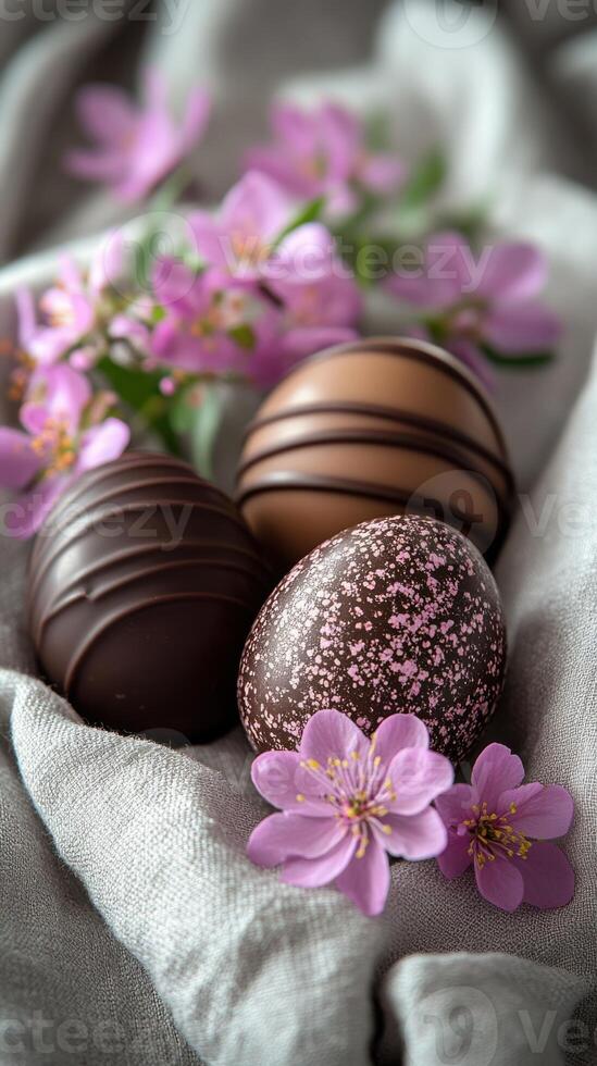 Easter chocolates artfully arranged with delicate flowers on soft fabric backdrop photo
