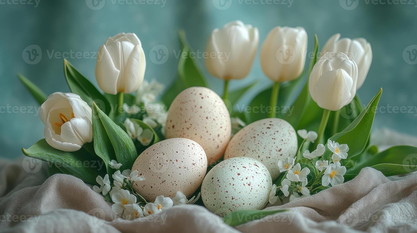 Bright pastel eggs surrounded by white tulips on a soft fabric backdrop perfect for spring celebrations photo