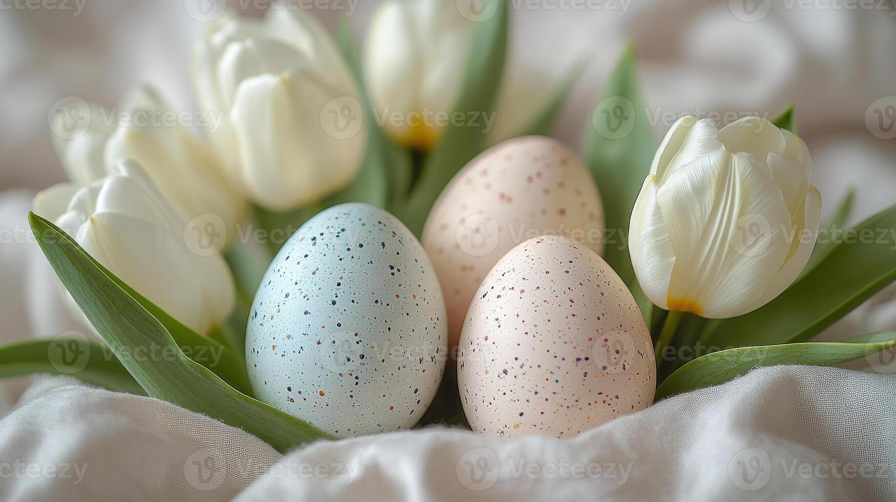 Pastel-colored Easter eggs arranged with tulips on a soft fabric background in a spring setting photo
