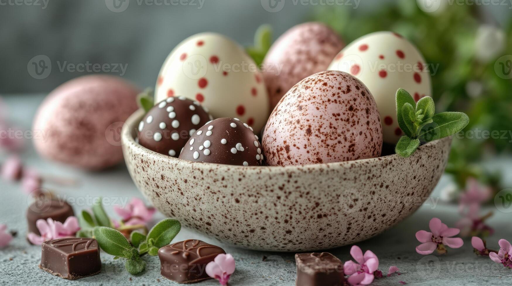 Colorful Easter eggs and chocolate treats displayed in a rustic bowl surrounded by flowers and greenery photo