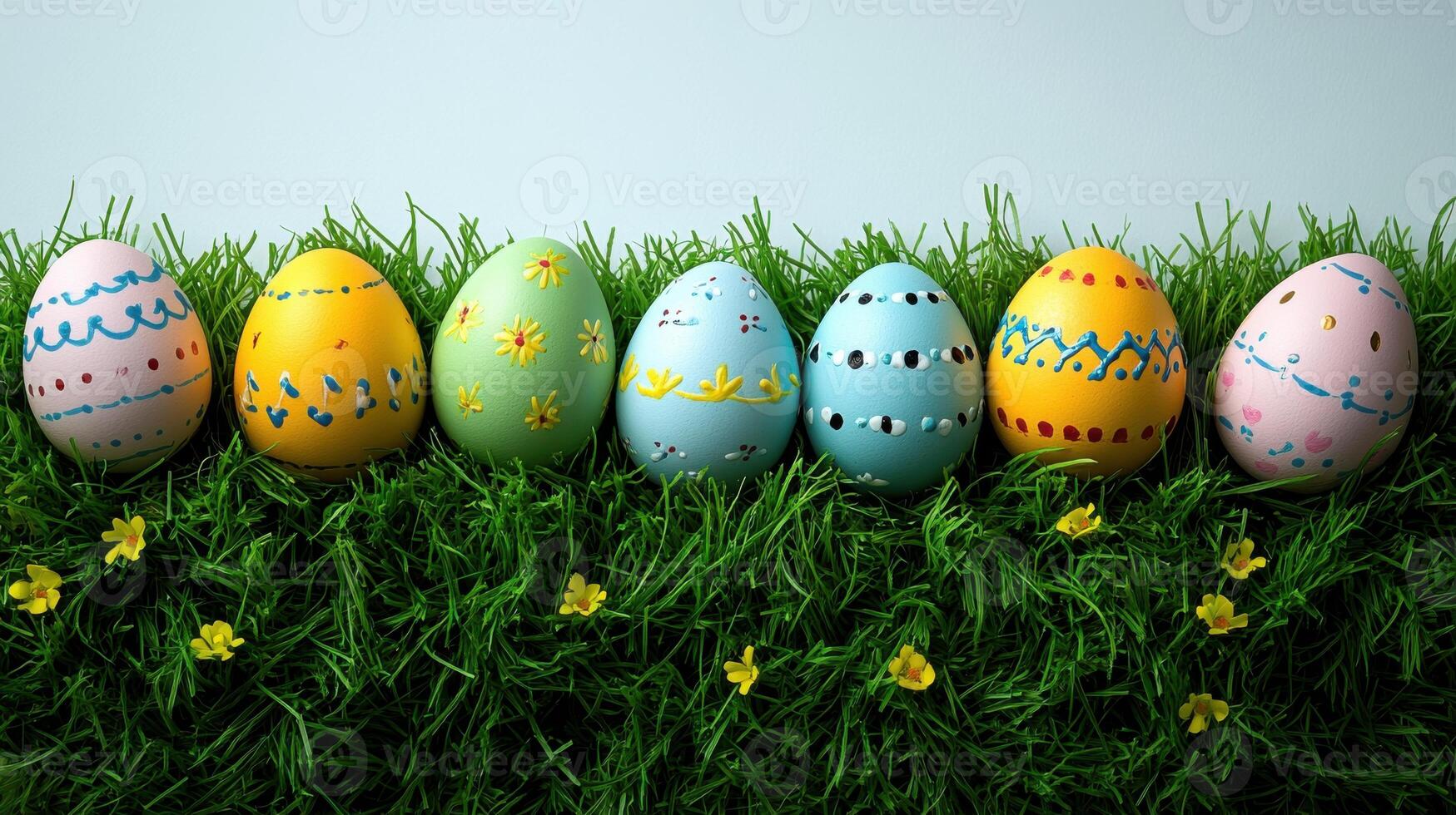 Colorfully decorated eggs resting on lush green grass in a vibrant spring setting photo