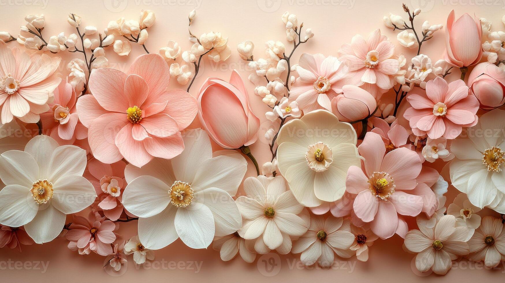 Delicate spring blossoms featuring soft pink and white flowers in a serene arrangement on a pastel background photo
