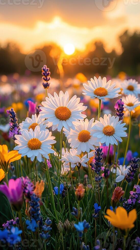 Colorful wildflowers bloom in a serene meadow under a golden sunset sky photo