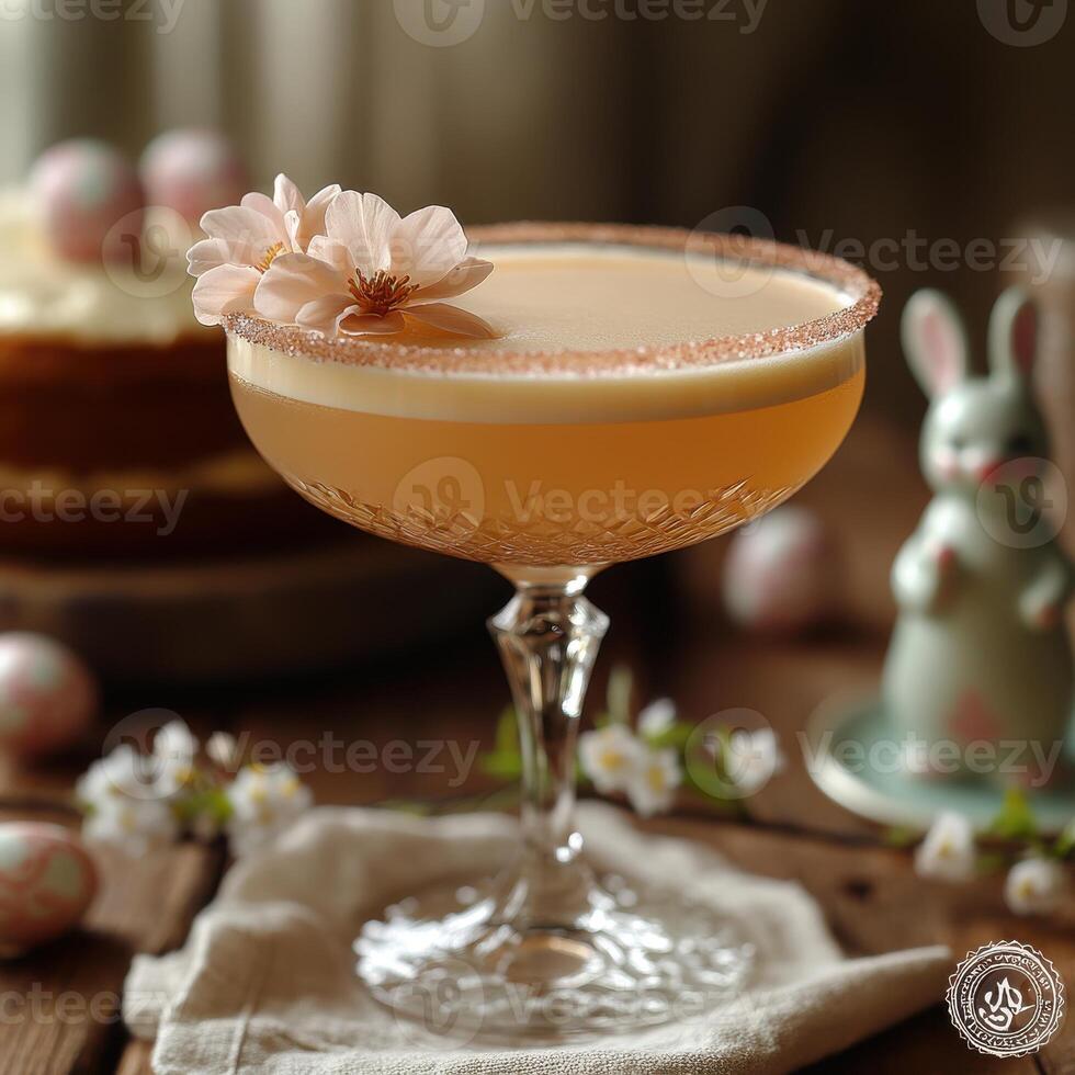 Delicate Easter brunch setup with a floral cocktail, cake, and pastel decorations in a cozy setting photo